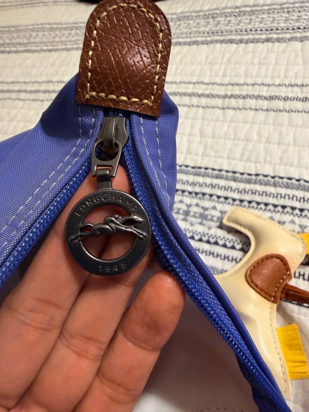 Longchamp Tote in Bright Blue with Brown Leather Trim - Picture 5 of 7